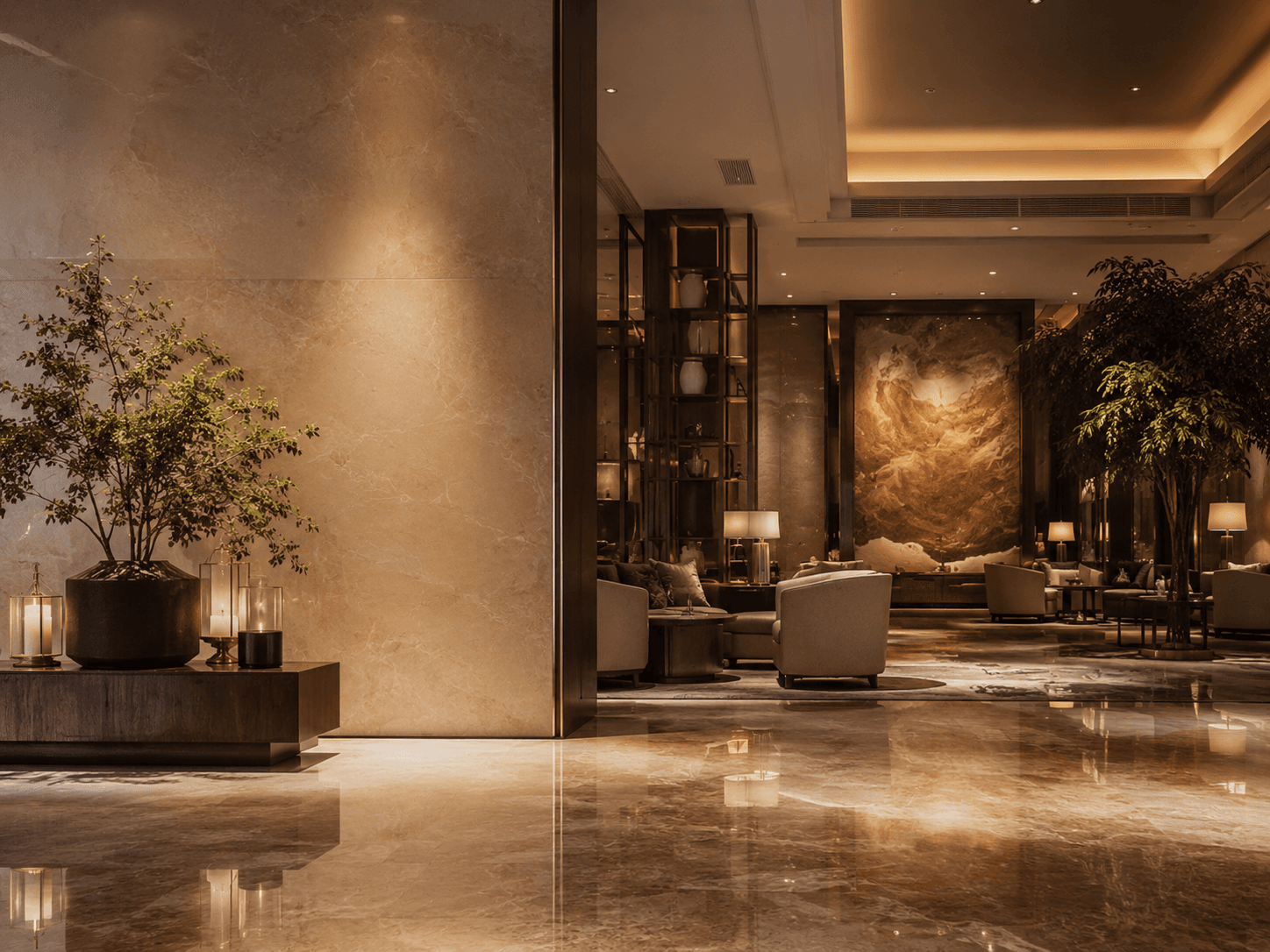 Lobby de hotel con acabados de alta calidad